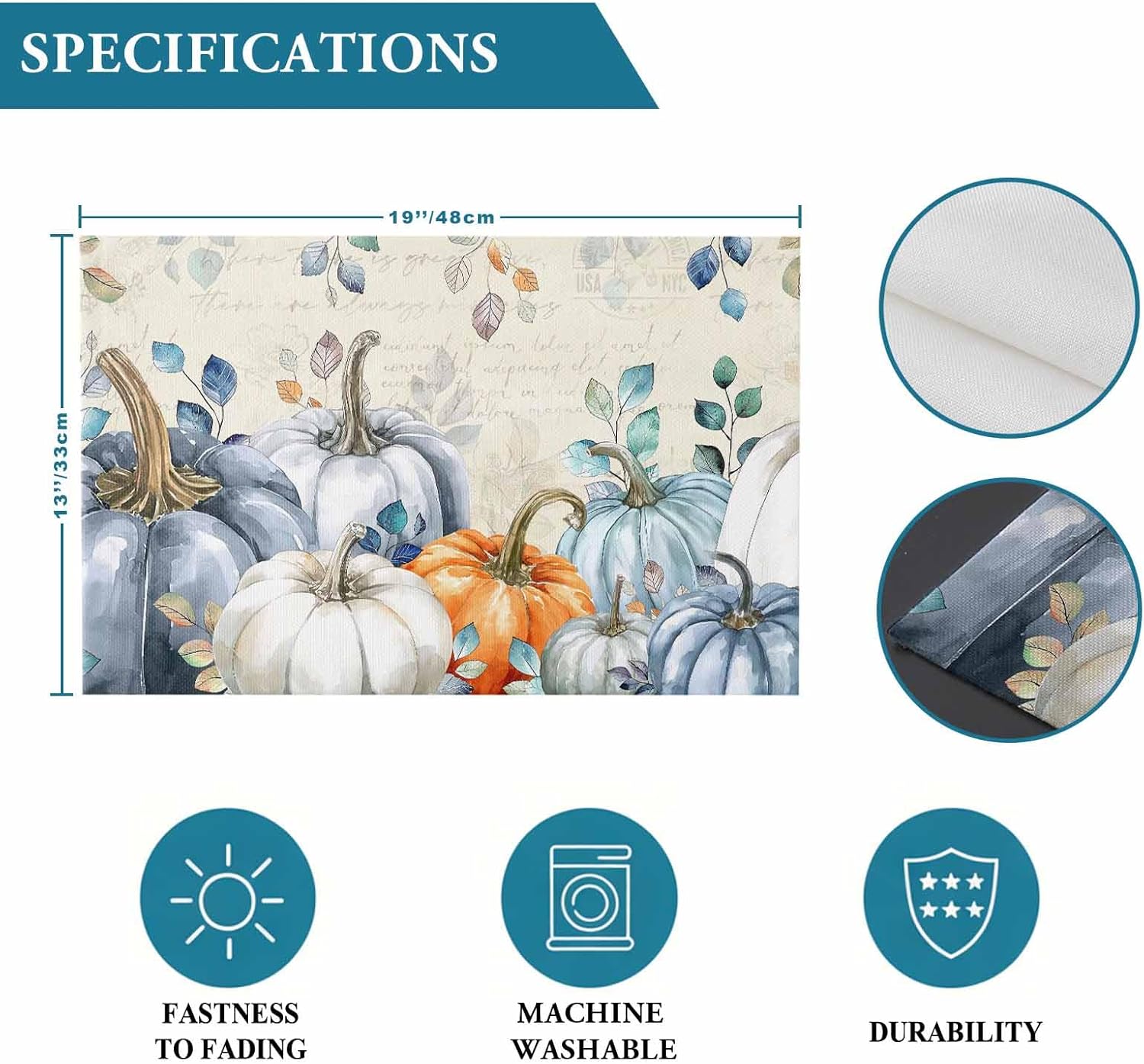 Fall Placemats Set of 6, Blue Pumpkin Placemat for Dining Table Decorations, Cotton Linen Autumn Place Mats, Teal Leaves Table Mats for Kitchen Dinner Harvest Thanksgiving Holiday Party Decor