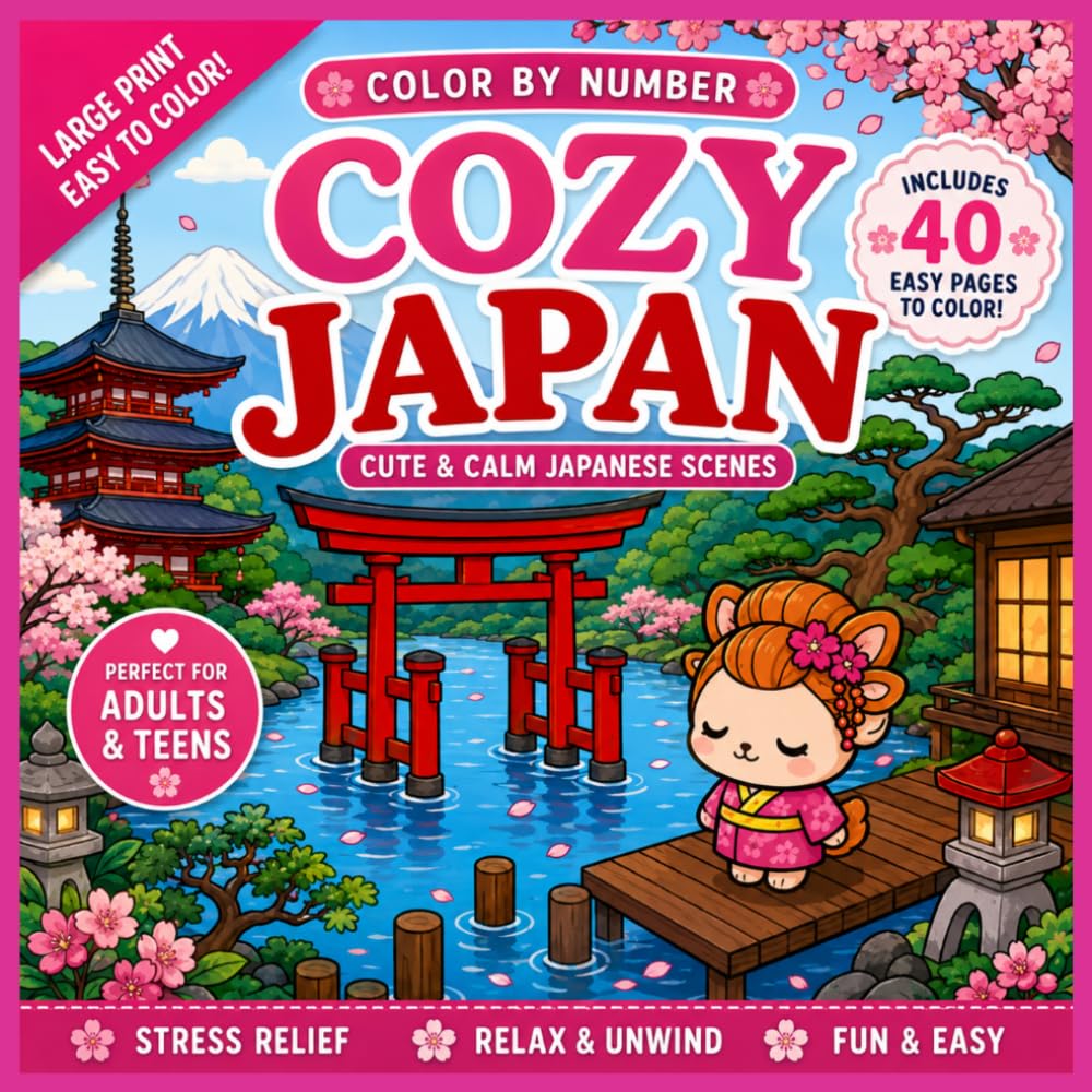 Cozy Japan Color by Number: 40 Kawaii Adventures Featuring Temples, Cherry Blossoms, Hot Springs, Traditional Villages, and Peaceful Cultural Moments for Adults & Teens