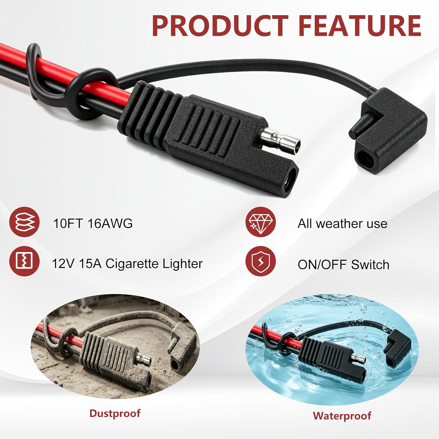 mxuteuk 10FT SAE 16AWG Cigarette Lighter Male Plug Cable Wire Harness with Switch & SAE Reverse Polarity Adapter 12V 15A with Wires for Sprayer Parts
