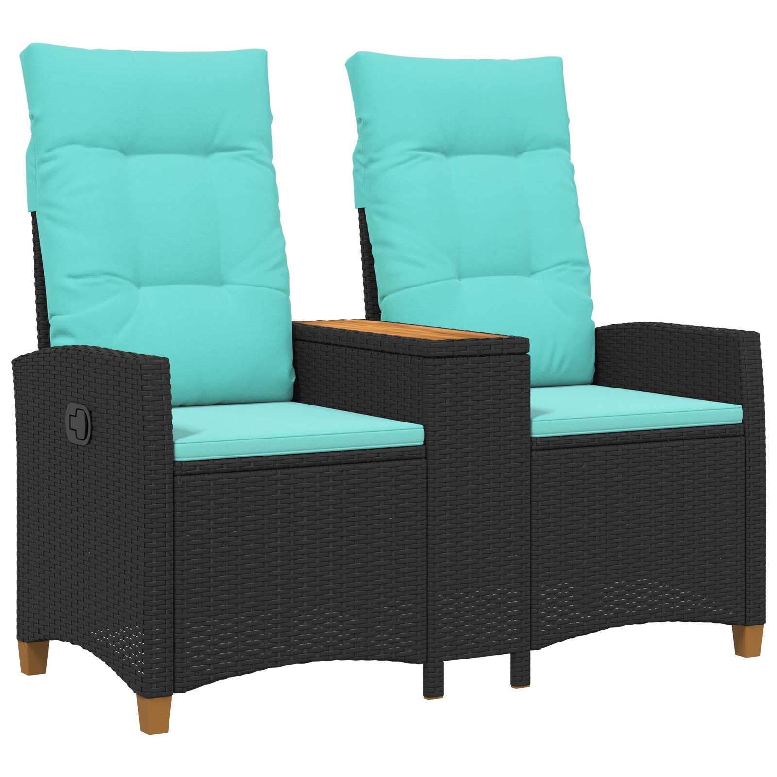 Rattan Gartenbank mit integriertem Tisch und Verstellbarer Rückenlehne, 2-Sitzer Poly-Rattan Liegebank mit Kissen, Outdoor Relaxsessel für Garten und Terrasse, Schwarz Türkis