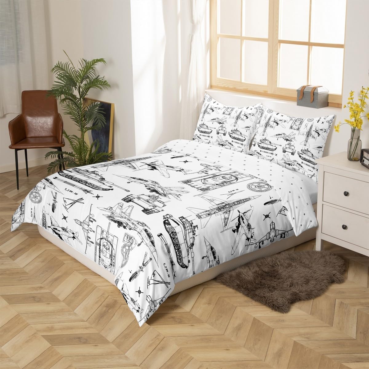 Aircraft Duvet Cover Set Twin Size,Cars Tank Airplane Transport Vehicles Bedding Set for Kids Boys Teens Men Room Decor,Military Style Comforter Cover Modern Black White Quilt Cover,1 Pillowcase