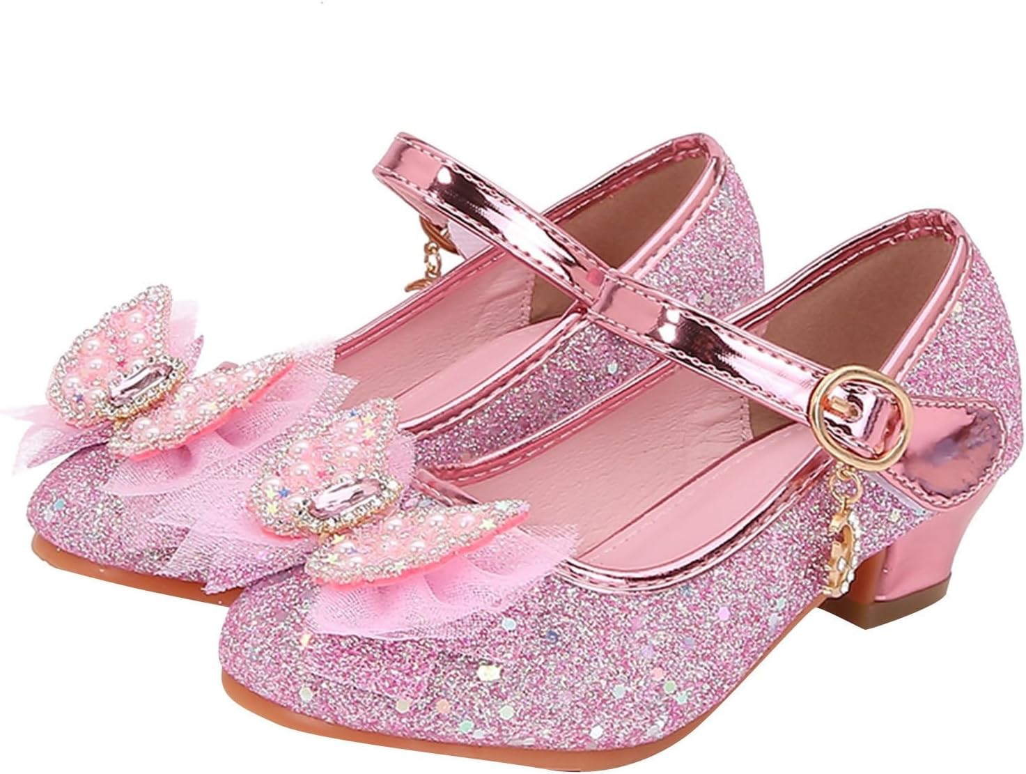 Flower Girls Wedding Party Heel Princess Shoes Cute Rhinestone Bow Glitter Ankle Strap Wedding Party Princess Shoes