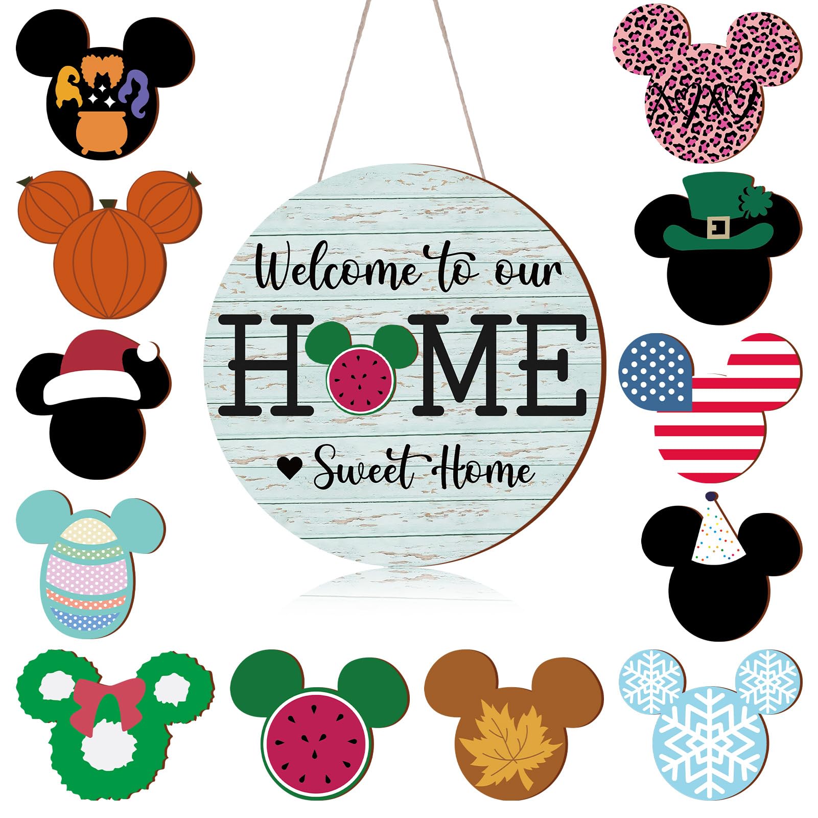 Qweryboo 13 Pcs Fall Welcome Sign for Front Door Interchangeable Fall, Wreaths Rustic Wood Hanging Signs Welcome to Our Home Door Sign Hangers Decor for Housewarming Gifts Outdoor Porch(Green)-image-44