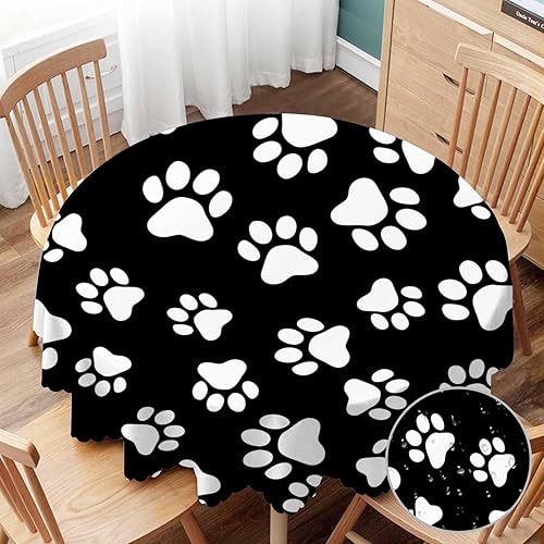 Yibeas Mantel redondo con diseño de patas de perro, diseño de huellas de gato, color blanco y negro, para decoración de comedor, cocina, manteles