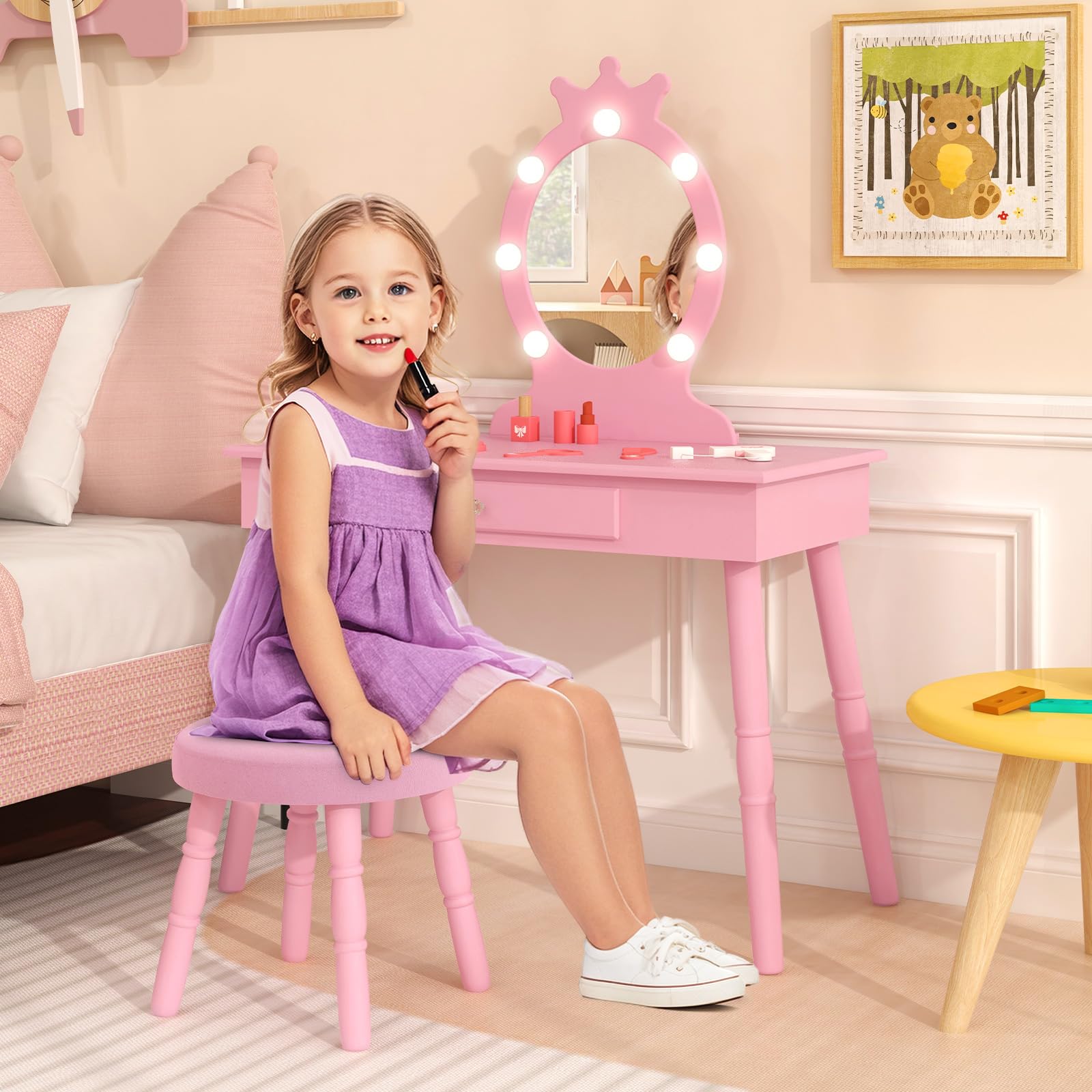 RELAX4LIFE Toeletta Trucco per Bambina con 7 Lampadine LED, 3 Colori di Luci, Specchiera Trucco con Sgabello, Toeletta in Legno, Specchio Rimovibile, per Bambini 3-7 Anni (Rosa)