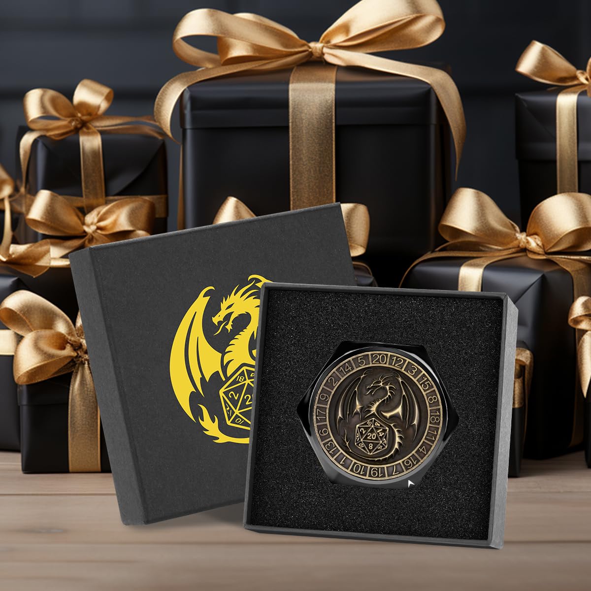 Set di Dadi Rotanti DND, 8 Facce Spinner Dadi in Metallo, Design a Rilievo 3D, Dadi Poliedrici Girevoli, Regalo D&D con Scatola Logo Drago, MTG, Giochi da Tavolo, Accessori per Giochi di Ruolo, Nero
