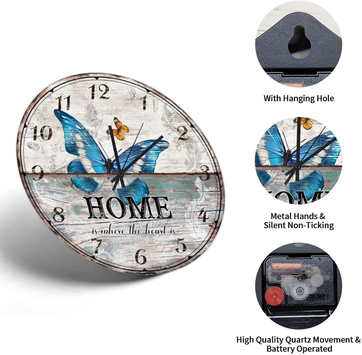 Vintage Blue Butterfly Wall Clock Home is Where The Heart is Wooden Wall Clock 10in Silent Non Ticking Battery Operated Country Style Popular Wall Decor for Farmhouse Bedroom Homeschool Bar image 3