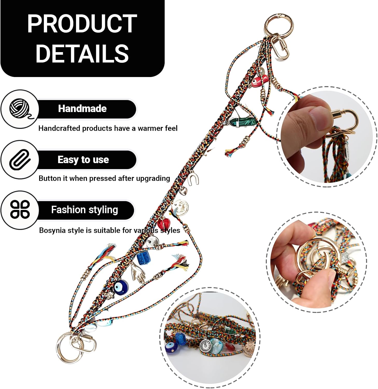 Chain Beaded Rope Braided Keychain bag charms & purse chain and Backpacks - Stylish Purse Charms Accessory for Women"with 2 spring clips,kkmilamila