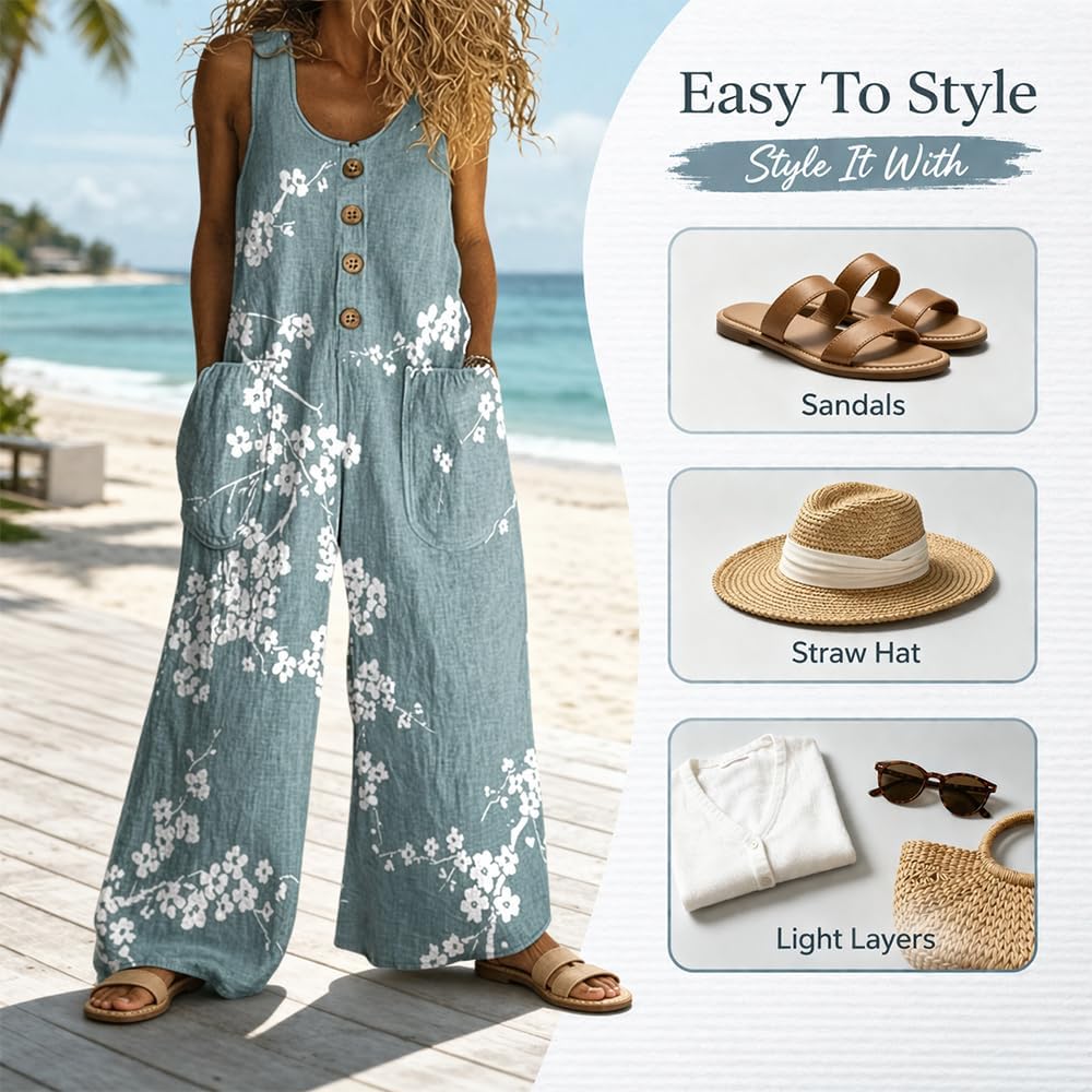 Womens Floral Jumpsuit Sleeveless Wide Leg Overalls Casual Print Romper with Pockets Boho Summer Vacation Outfit