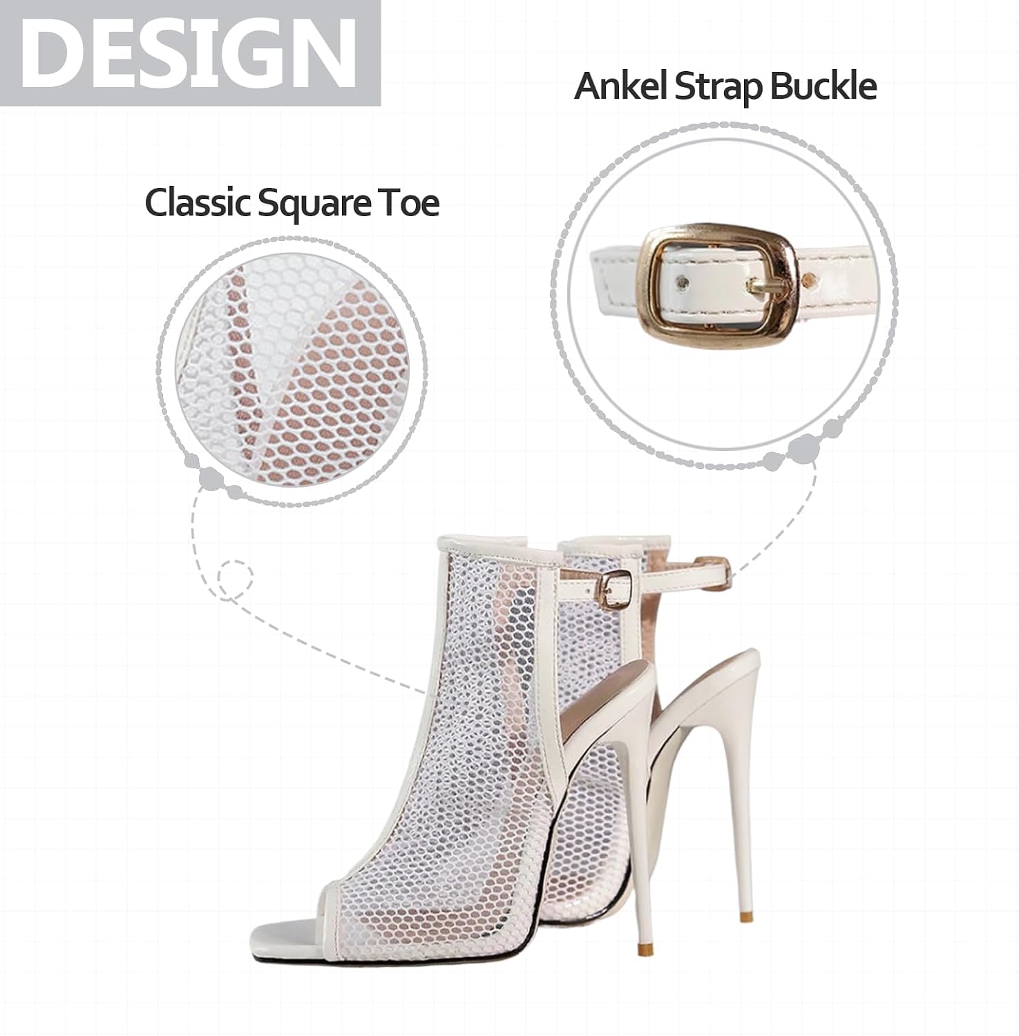 Peep Toe Boot Sandals for Womens Fishnet Mesh Sexy Ankle Strap Buckle Stiletto Slingback Party Dance High top Gladiator Sandals