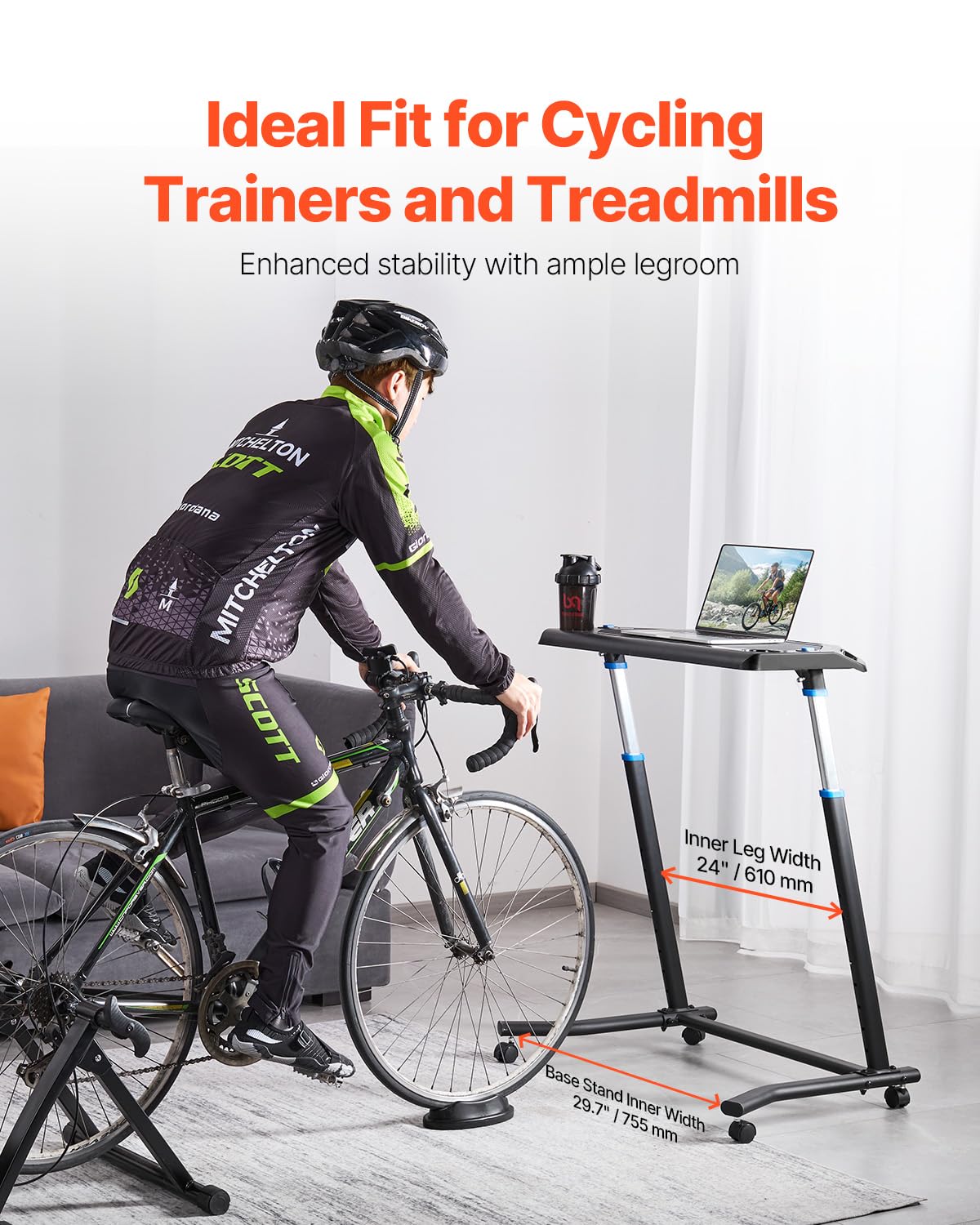 VEVOR Escritorio de ciclismo, ajustable para bicicleta y caminadora con soporte triangular, antideslizante con múltiples ranuras, escritorio de fitness con barra de asa, apto para ejercicio en casa y