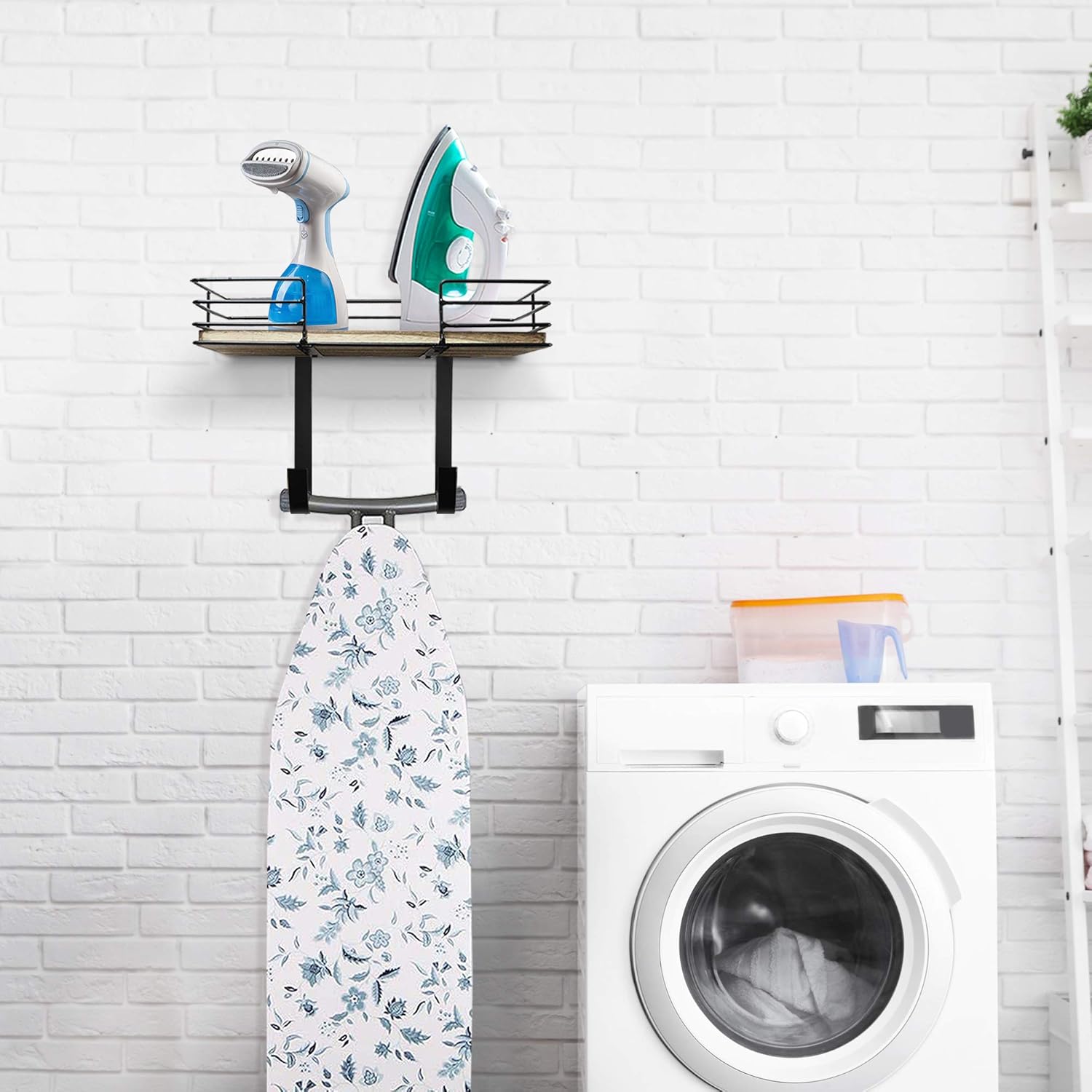 Ironing Board Hanger Wall Mount, Laundry Room Iron and Ironing Board Holder with Large Storage Basket, Iron and Ironing Board Storage Organizer with Shelf Wooden Base Basket and Removable Hooks : Home & Kitchen