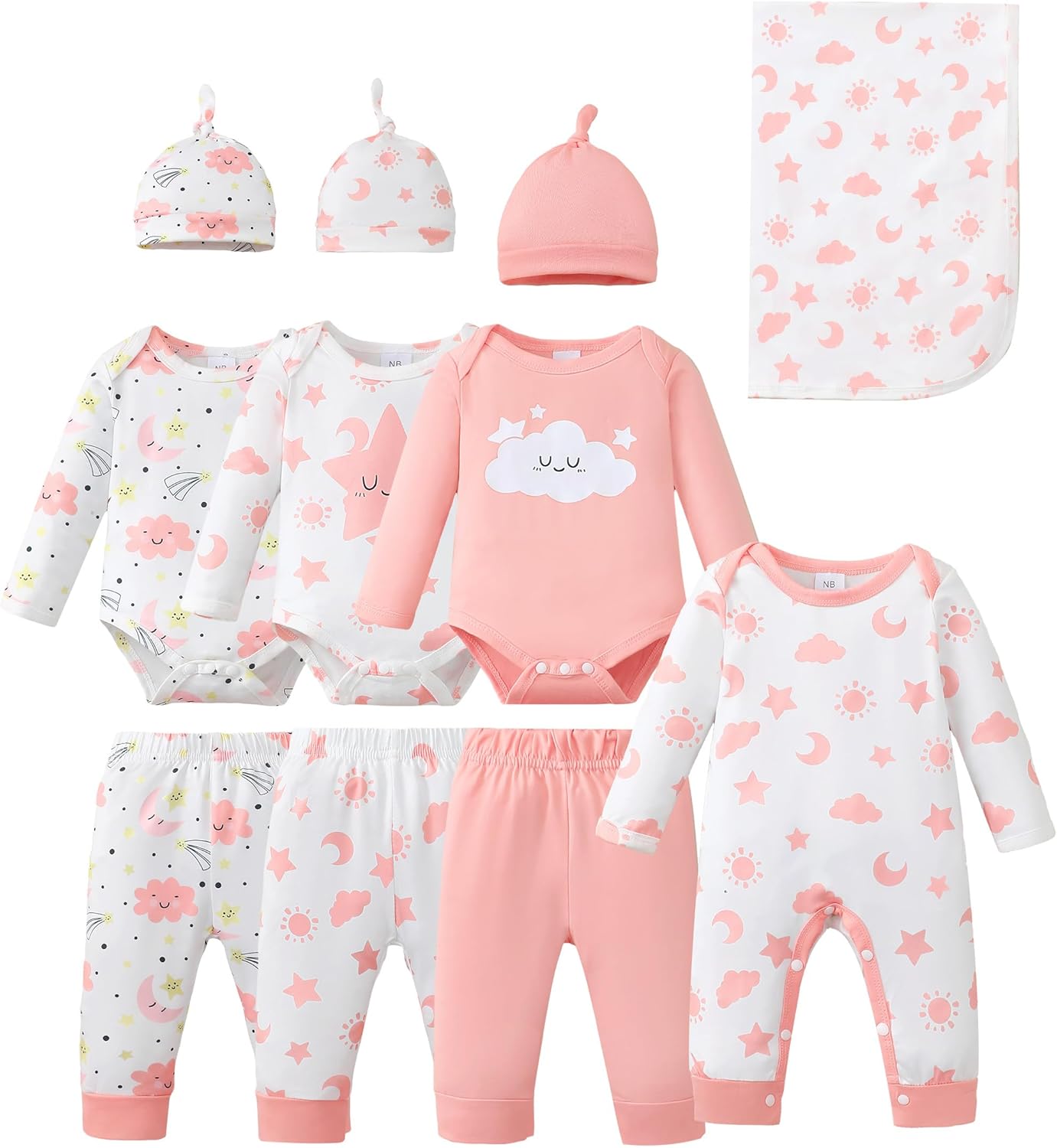 Renotemy Baby Girl Newborn Essentials Clothes 11-Piece Layette Set with Bodysuits, Pants, Hats, Blanket-Infant Gift Outfits