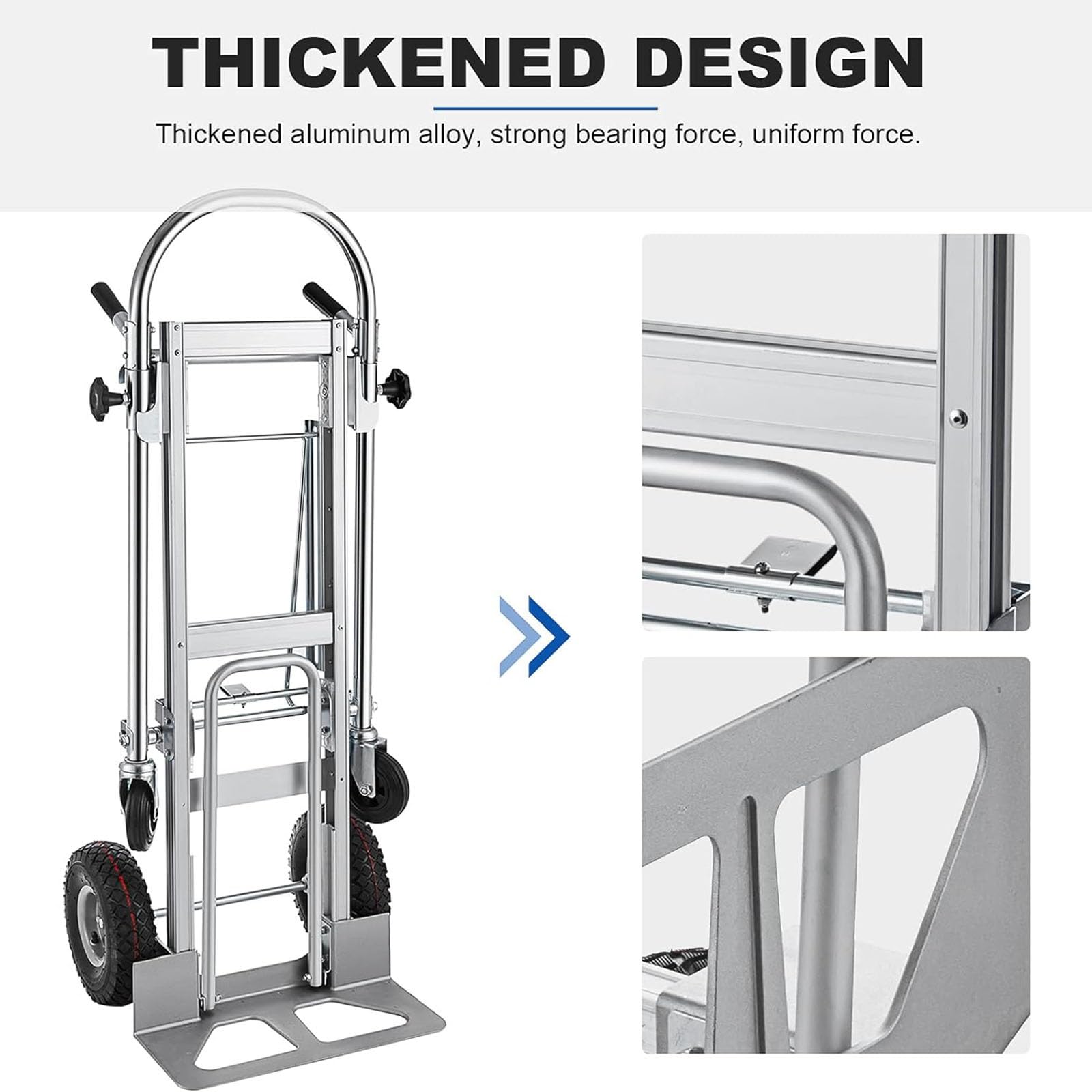 Carretilla de mano industrial convertible, de aluminio resistente 2 en 1, plegable, capacidad de 1000 libras, carrito con ruedas neumáticas para transporte y mudanza en almacén, supermercado