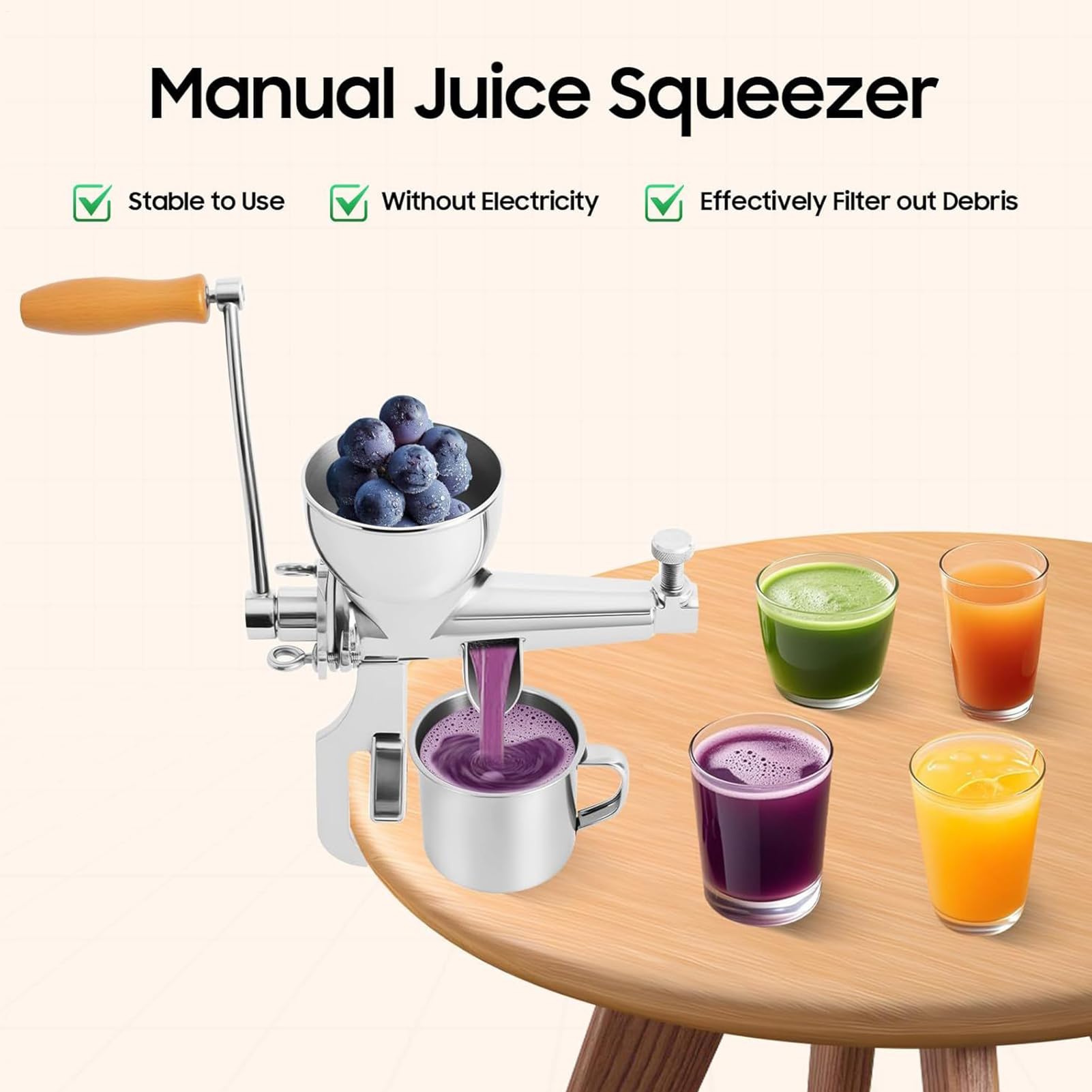 Estrattore di succo a manovella, in acciaio , per frutta, completo di spazzola per la pulizia e manovella per spremere succhi meccanici, per agrumi, uva, arance e bacche
