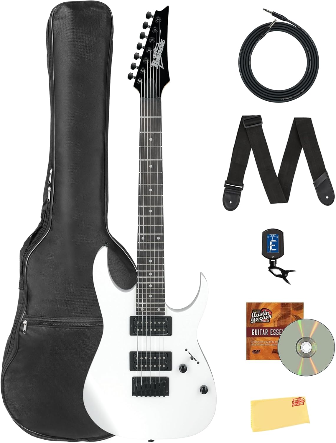 Ibanez GRG7221 RG Gio 7-String Electric Guitar - White Bundle with Gig Bag, Tuner, Strap, Instrument Cable, Austin Bazaar Instructional DVD, and Polishing Cloth