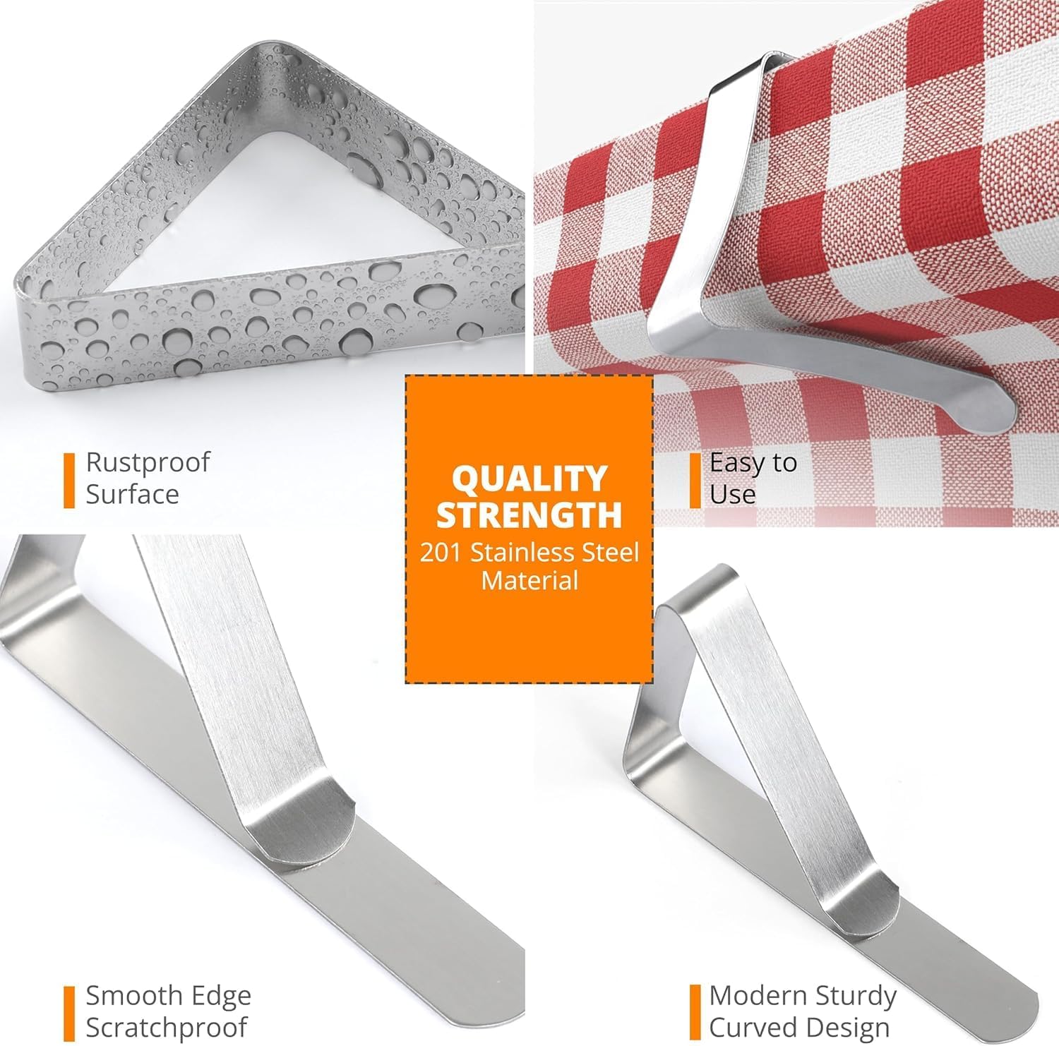 Tablecloth Clips [USA Based Brand] - 12 Pack Stainless Steel, Rust Proof Table Clips for Home, Restaurants, Picnic, Party, Dining Tables - Fits Up to 1.8 Inch Thick Tables