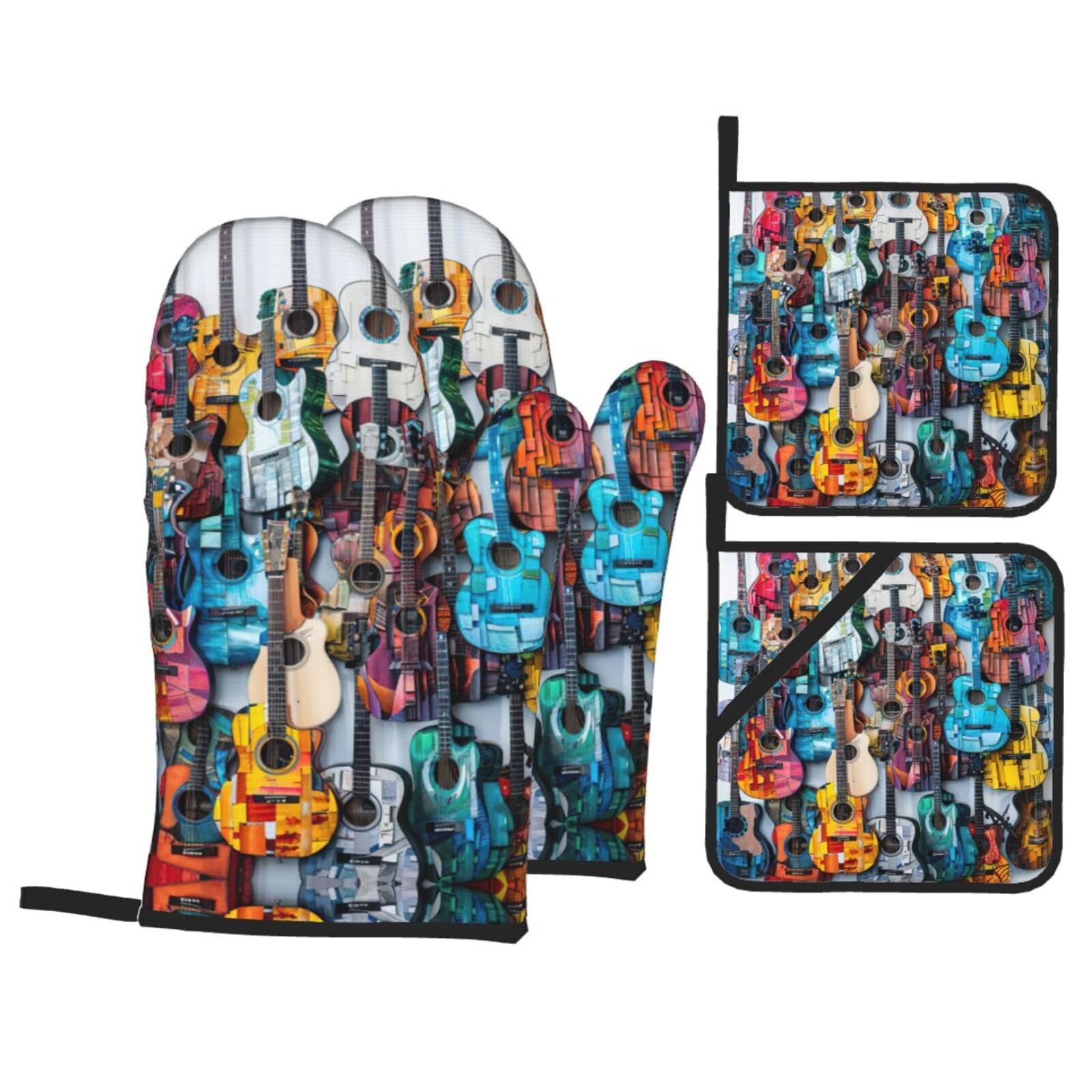 Color Acoustic and Guitars Print Stylish 4-Piece Microwaving Oven Waterproof Kitchen Gloves Baking Holiday Cooking