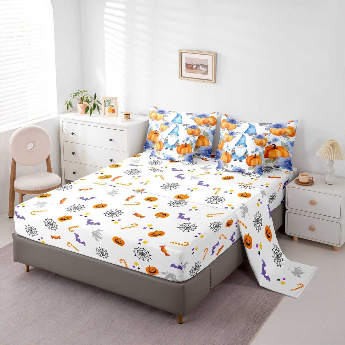 Erosebridal Scandinavian Gnome Queen Comforter Set,7 Pieces Thanksgiving Pumpkin Blue Ink Flowers Comforters Queen Bed in a Bag Christmas Santa Dwarf Fall Bedding Comforter Sets with Comforter,Sheets