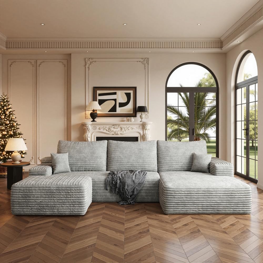 Boneless Couch, Modular Sectional Couches for Living Room, U-Shaped Cloud Couch Sofa with Deep Seat, Fluffy Corduroy Upholstered Corner Sofa