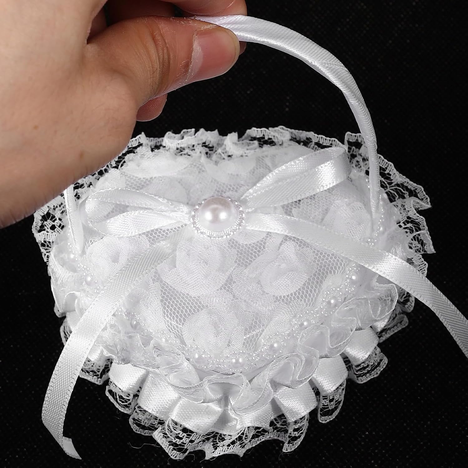Wedding Ring Pillow Heart Shape Lace Cushion with Handle Mini Satin Ring Bearer Pillow for Wedding Ceremony Party