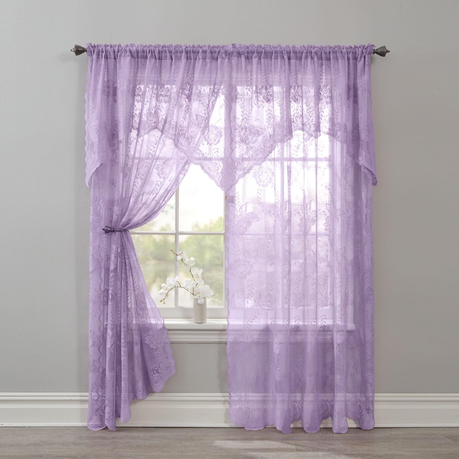 BrylaneHome Ella Floral Lace Panel with Attached Valance - 58" W 63" L, Lilac