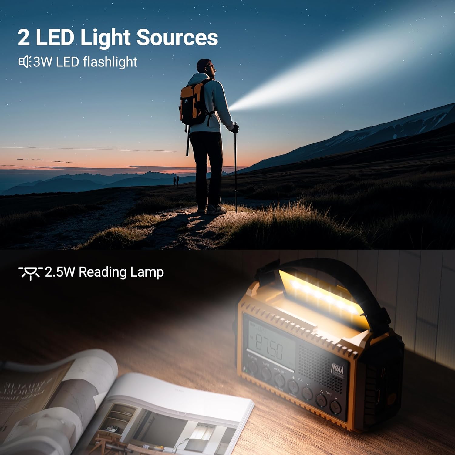 Emergency radio demonstrating its bright LED flashlight and a reading lamp, illuminating a book in a tent.