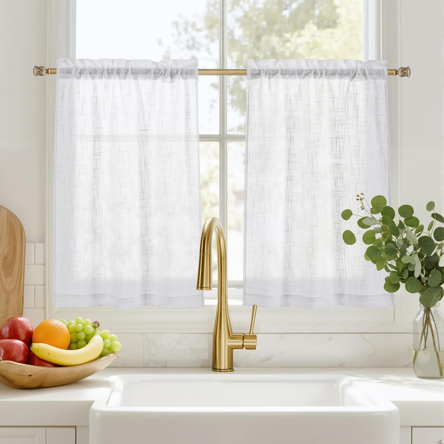 PONY DANCE Kitchen Net Curtains Modern Linen Look Curtains Short White Bistro Curtain Set of 2 H 90 x W 60 cm with Rod Pocket Semi-Transparent Country House Style Privacy Screen Modern