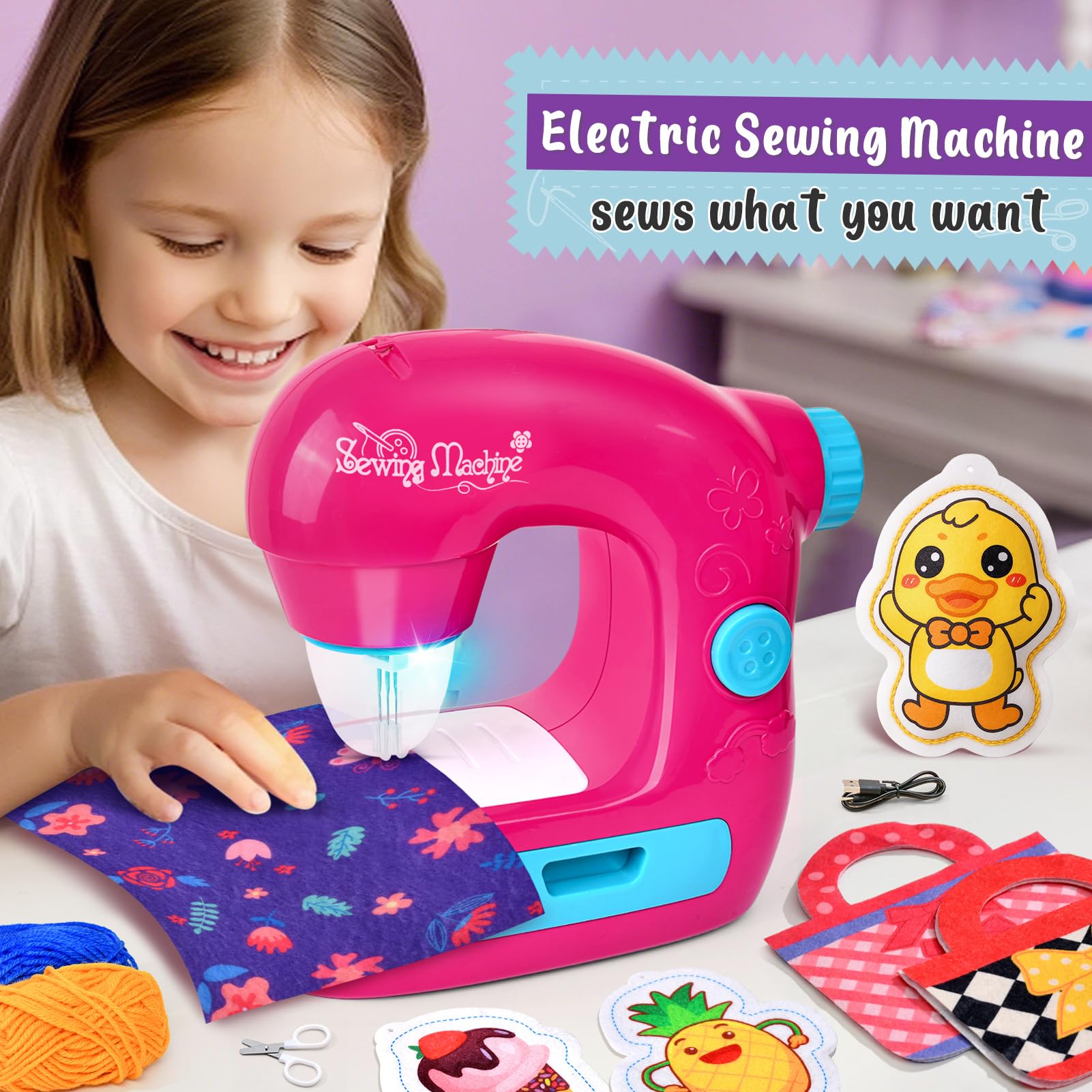 vamei Mini Máquina de Coser Infantil, Máquina de Coser Eléctrica con Telas, Hilos, Accesorios Completos, Kit Costura Niños, Kit Manualidades Niños, Regalo para Niñas 7 8 9 10 11 12 Años