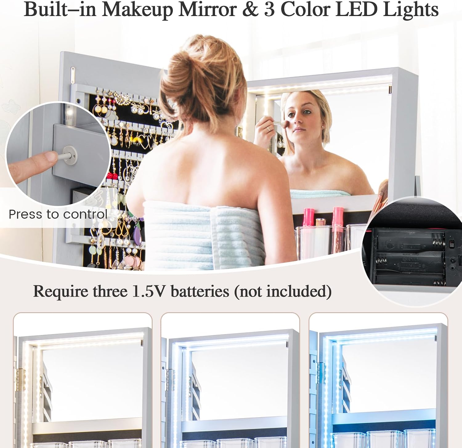 LOKO 360° Swivel Jewelry Cabinet, Lockable Jewelry Organizer with Rear Storage Shelves, Standing Jewelry Armoire with Full-Length Mirror & 3-Color LED Lights, for Women, Bedroom (Gray)