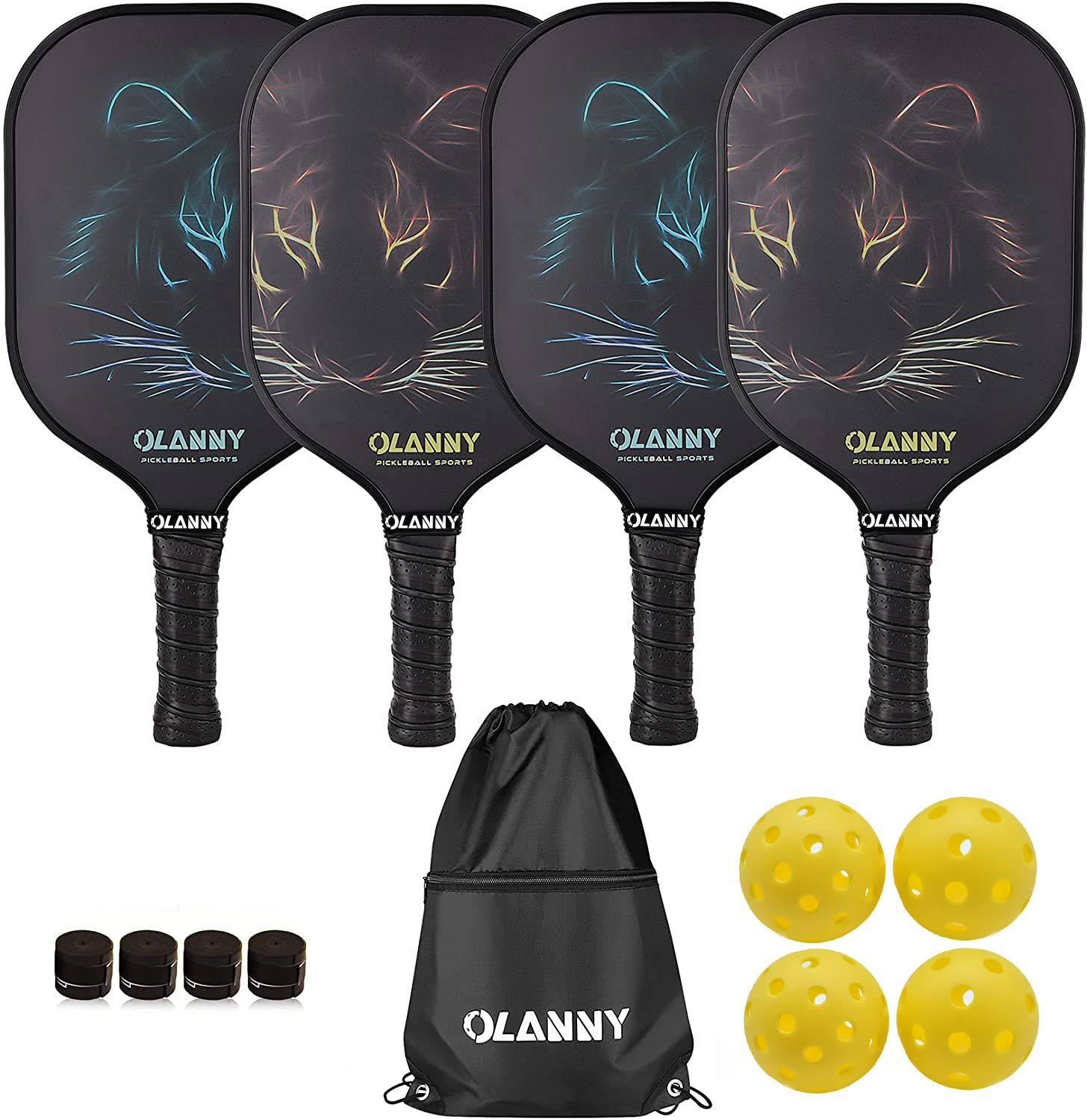 OLANNY Graphite Pickleball Paddles Set- Premium Rackets Fiber Face &amp; Polymer Honeycomb Core Pickleball Set Includes Pickleball Paddles + Pickleball Balls+ Replacement Soft Grip + 1 Bag