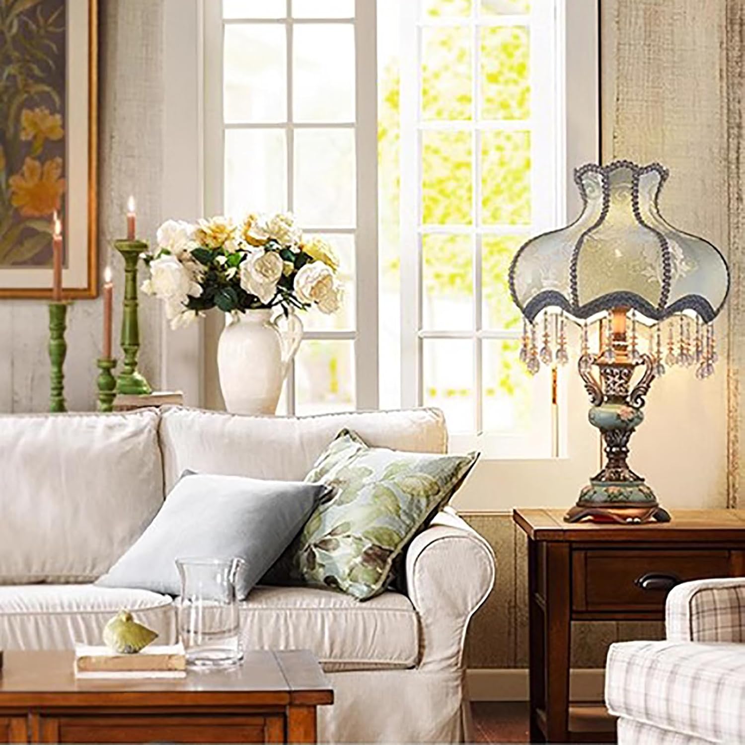 Victorian Style Table Lamp,Antique Fabric Table Lamp,European Nightstand Lamp,Decorative Desk Lamp,Floral Table Light with Fringe & Lace,Bedside Light for Bedroom Living Room Button Switch