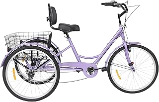 Triciclo de 7 velocidades para adultos, 24 pulgadas, con asiento ajustable y cesta, equilibrio para adultos, incluye funciones de seguridad para compras y ocio, color lila