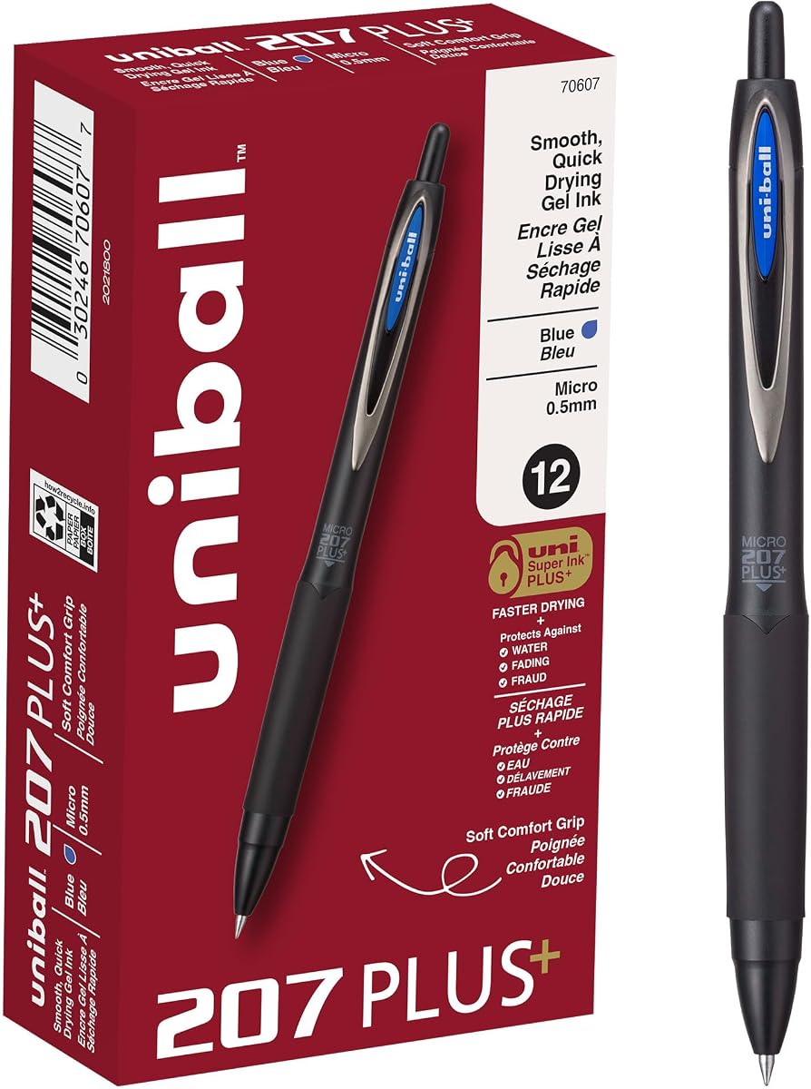 uniball™ 207 Plus+ Gel Pens, Blue Ink, 0.5mm Micro Point, 12 Count | Retractable, Faster-Drying, Smooth Writing, Smear-Resistant, uni Super Ink™ Plus+