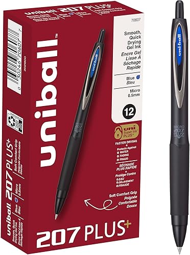 uni-ball 207 Plus+ - Bolígrafos retráctiles de gel de punta redonda (12 unidades, color azul con puntas de micropunta de 0.020 in), Uni-Super Ink+