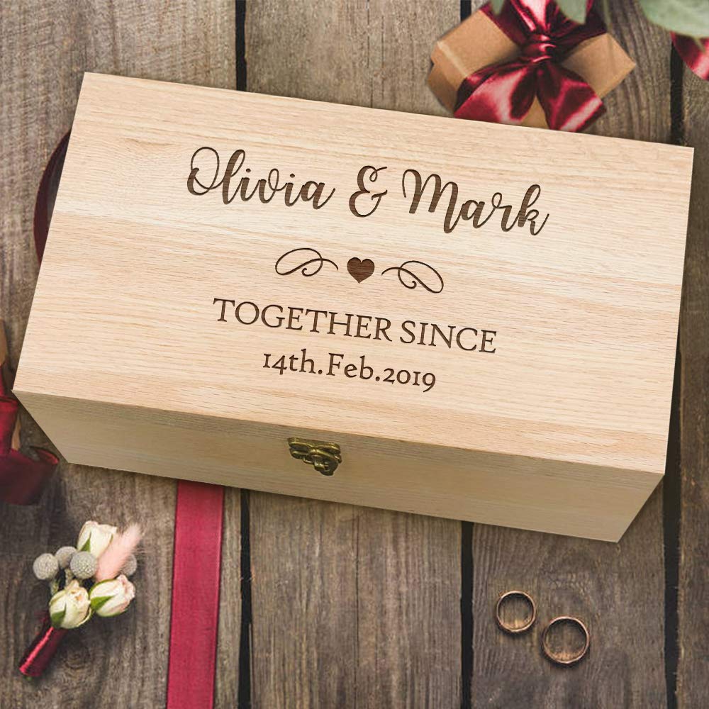 howson london Large Personalised Wedding Keepsake Box Heavy Beech Memory Box Anniversary Memory Gift Boxes Wedding Gift for Couples Personalised Engraved Wooden Chest Boxes(Design 1)