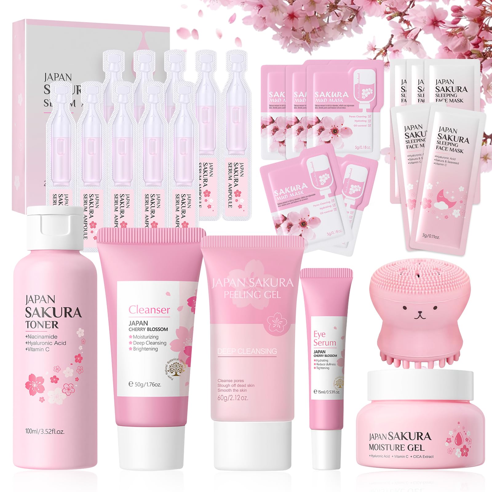 26 Piezas Set de Cuidado Facial Sakura, Sakura Set de Cuidado de la Piel | con Limpiador Facial/Tónico/Esencia/Dispositivo de Limpieza/Mascarilla, Etc.Kits De Cuidado Facial para Niñas y Mujeres