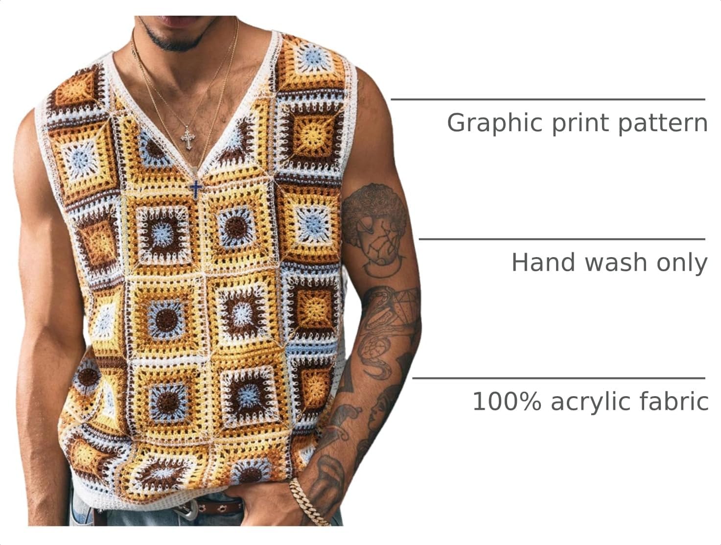 Verdusa Men's Boho Floral Crochet Sweater Vest Summer Streetwear Going Out Knit Tops