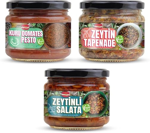Mezzet Akdeniz Gurme Tad m Seti 3x300g - Kuru Domates Pesto, Zeytin Tapenade, Zeytin Salatas  - 3 l  Paket Vegan Koruyucusuz