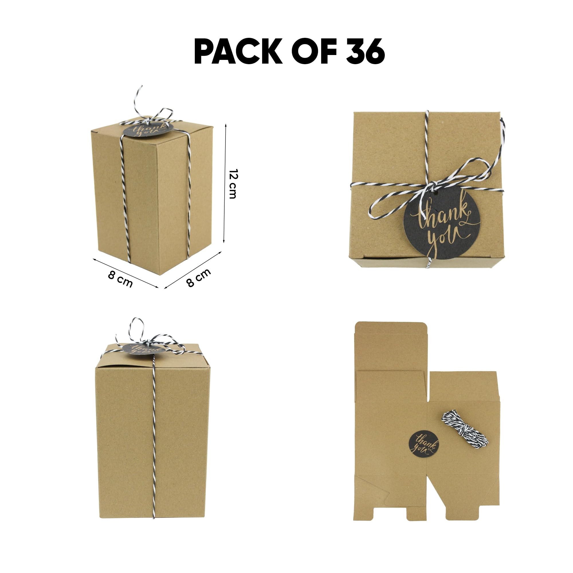Emartbuy Scatola regalo in carta kraft naturale, 11 x 11 x 12 cm, scatola marrone per caramelle, biscotti, con cordino ed etichetta, confezione da 36