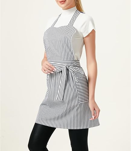 Miniatura 10 de Love Potato Delantales de algodón para mujer con bolsillos, delantales de rayas suaves, perfectos para cocina, hornear y jardinería