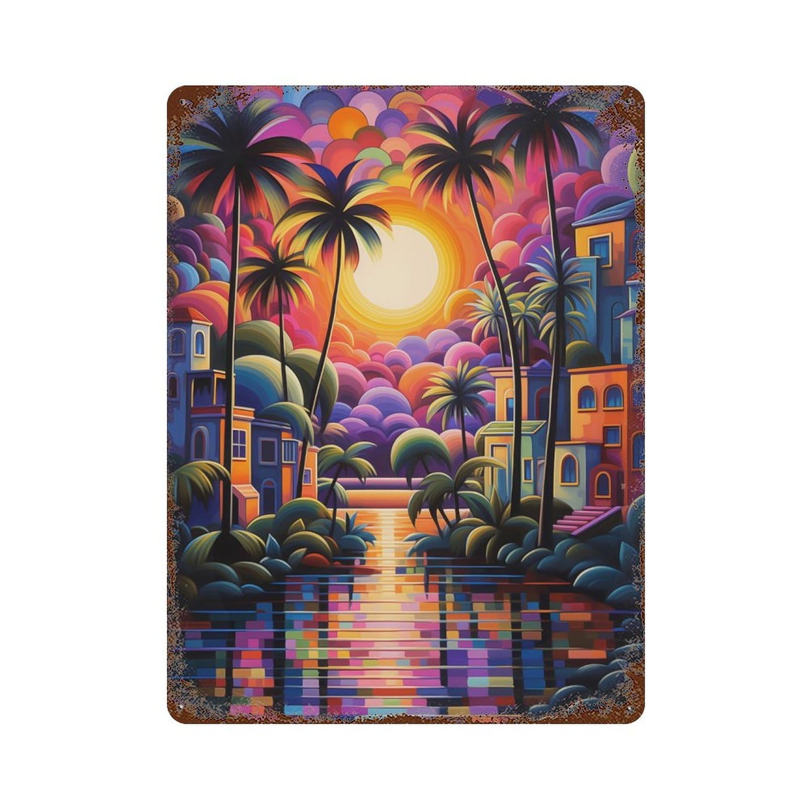 Rust Effect Colorful Tropical Sunset Scene Rusty Metal Tin Sign 15.7"x11.8", Farmhouse Wall Decor for Cafe, Home Bar And Lounge Decor