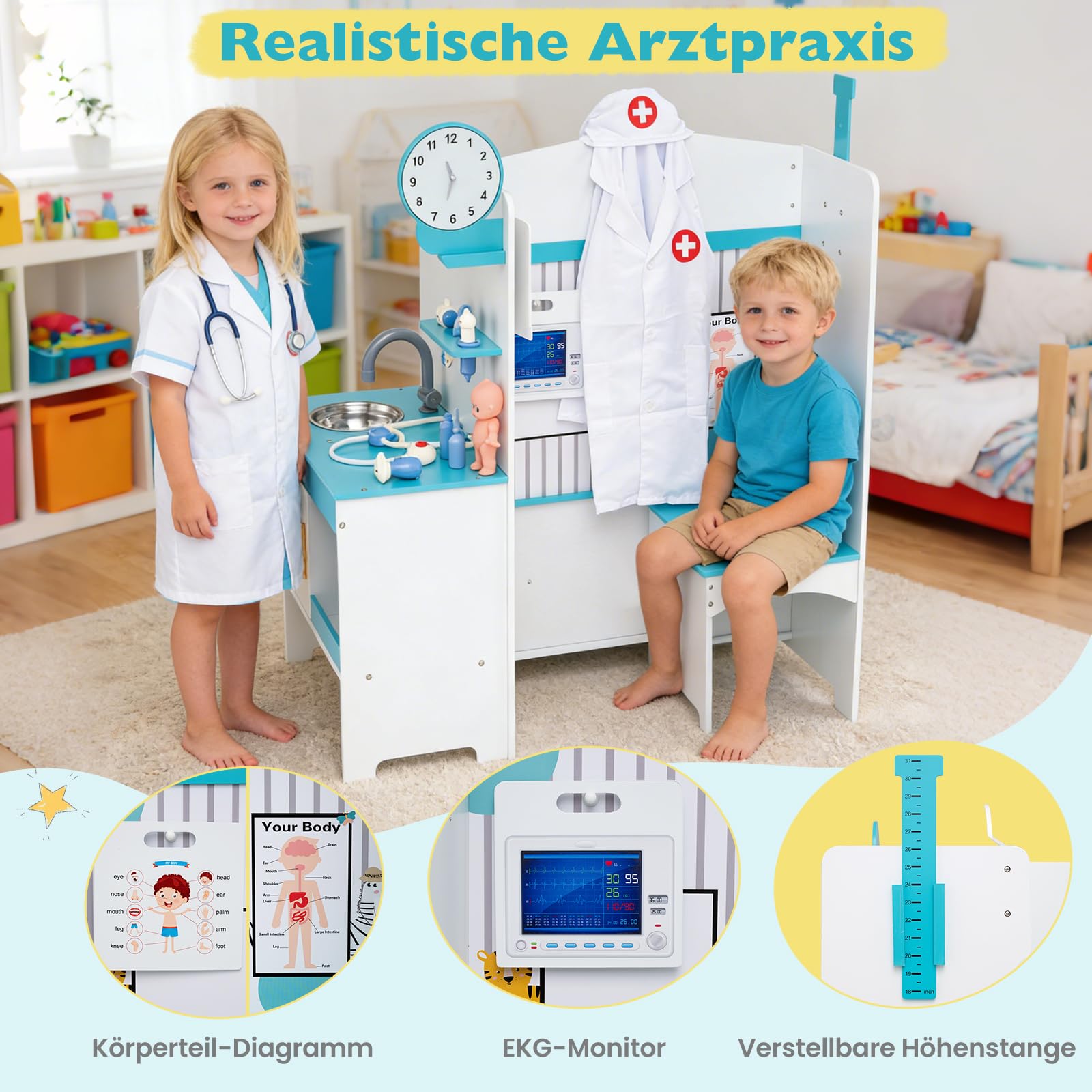 COSTWAY Arzt Kinder Spielset, Doktor Rollenspiel mit Untersuchungsraum & Arztkoffer inkl. 27 TLG. Zubehör, Arzt Set mit Wasserhahn, Waschbecken & EKG-Monitor, Holz Arztpraxis für Kinder ab 3 Jahren