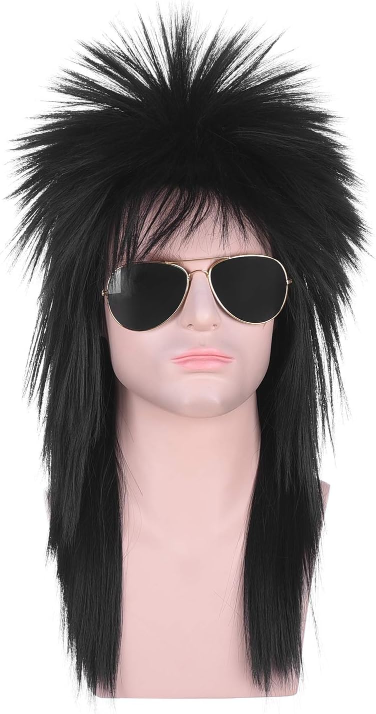 Morvally Unisex Long Black 70s 80s Mullet Cher Glam Rock-Rocker Cosplay Wigs for Women and Men’s Halloween, Themed Costume Party