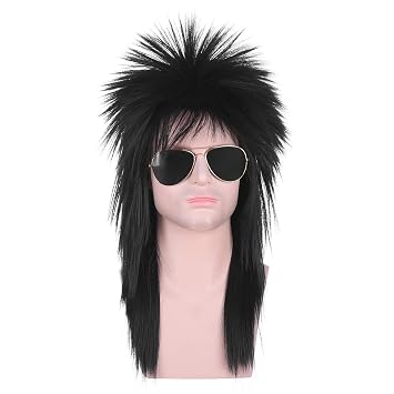 morvally Unisex Long Black 70s 80s Mullet Cher Glam Rock-Rocker Cosplay Wigs for Women and Mens Halloween, Themed Costume Party