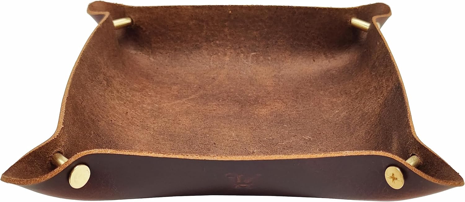 Leather Valet Tray Entryway Catchcall Tray Nightstand Organizer Storage for Wallets Watches Keys Holder Dish Bowl Coins Office Desk Accessory (Antique Brown-Oil Wax Leather).