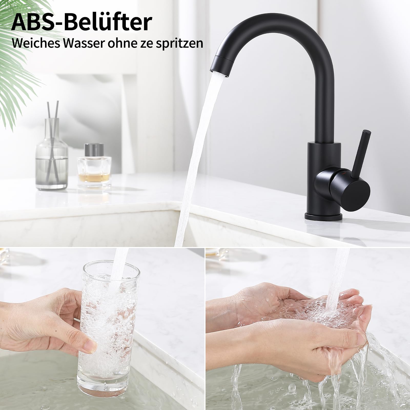 HOMELODY Niederdruck Armatur Bad/Küche Schwarz Waschtischarmatur 360° Drehbar Wasserhahn Bad Armatur Waschbecken Mischbatterie Einhebelmischer Waschbeckenarmatur