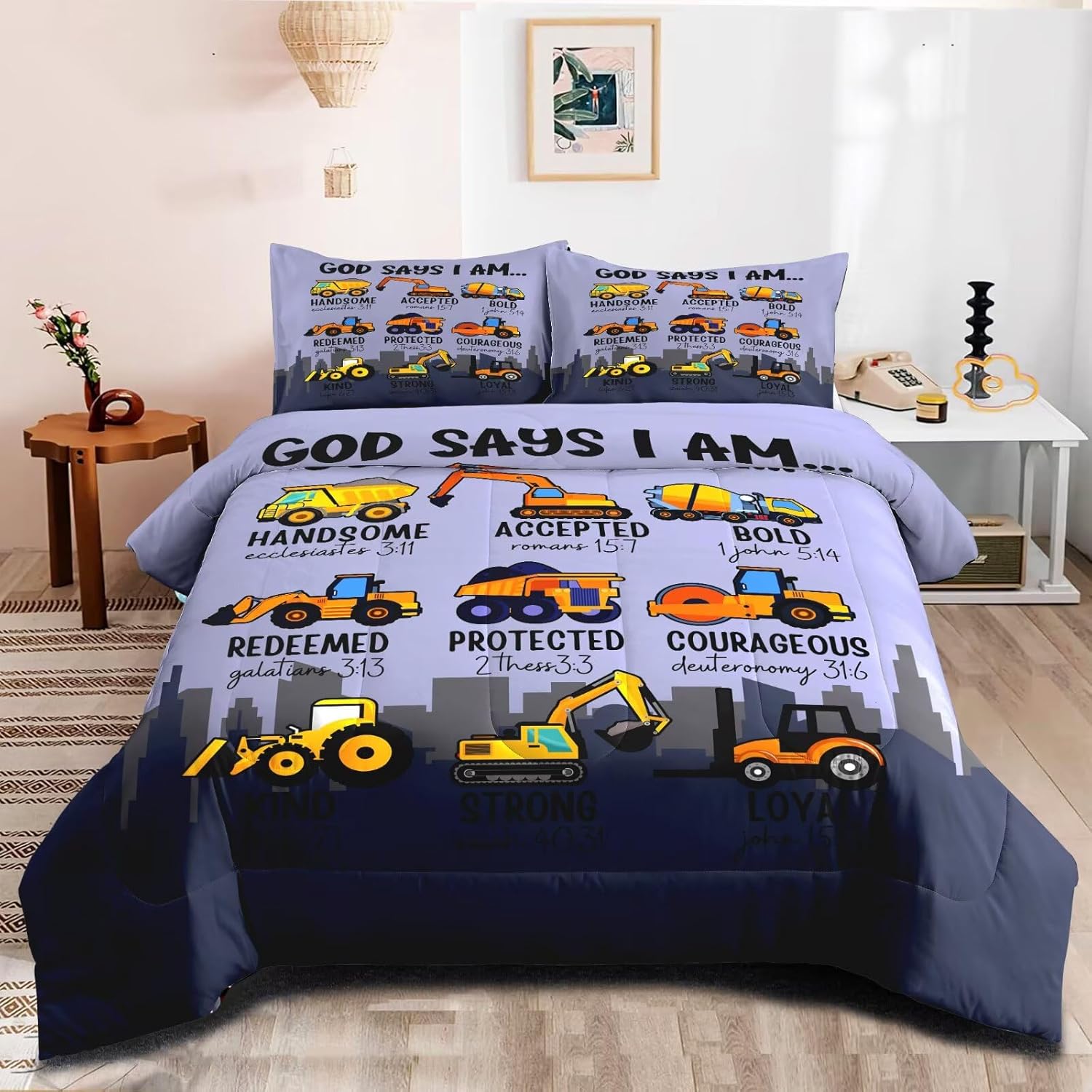 GRAT TIOC Boys Kids Construction Truck Comforter Set Twin Size,3 Piece Bed in a Bag Cars Excavators Tractor Bedding Set Construction Christian Spirational Comforter with 2 Pillowcases Gray