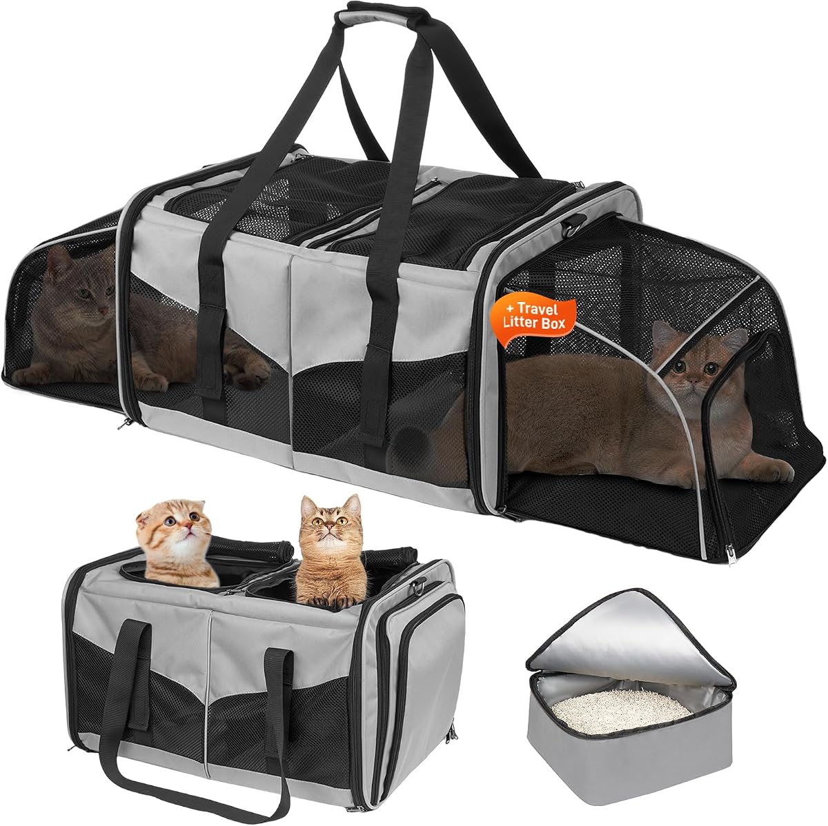 Transportín doble para gatos para 2 gatos, transportín de viaje expandible con divisor | Se adapta a 2 gatos con divisor extraíble, incluye 2 cajas de arena a prueba de fugas, diseño expandible para viajes, visitas al veterinario y hoteles