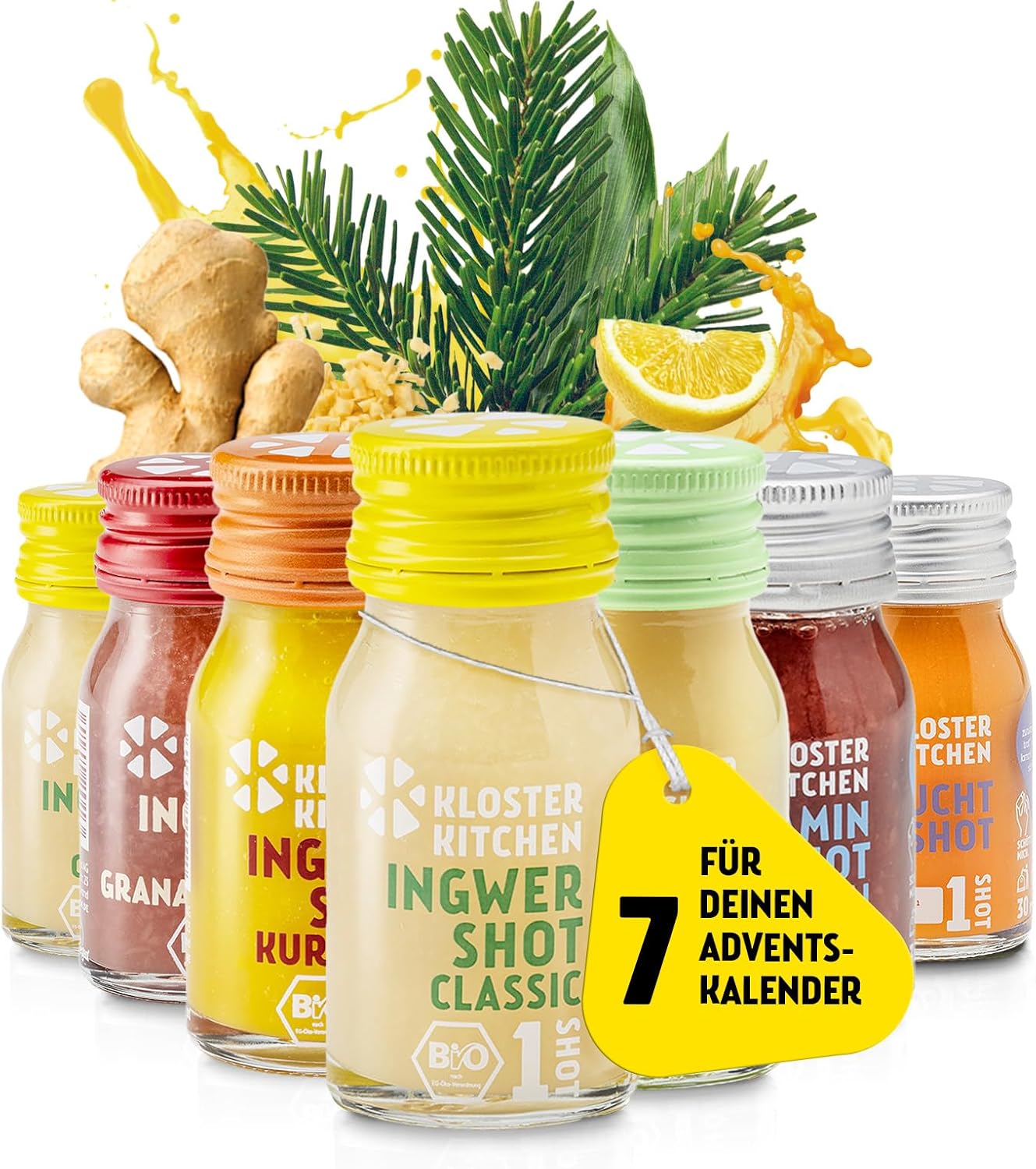 Kloster Kitchen Mix di shot di zenzero biologico 7 pezzi 1 shot 7x 30 ml con pezzi di zenzero I Vegano I 1 shot per bottiglia di vetro I Dolce e piccante Senza additivi e dolcificanti naturali